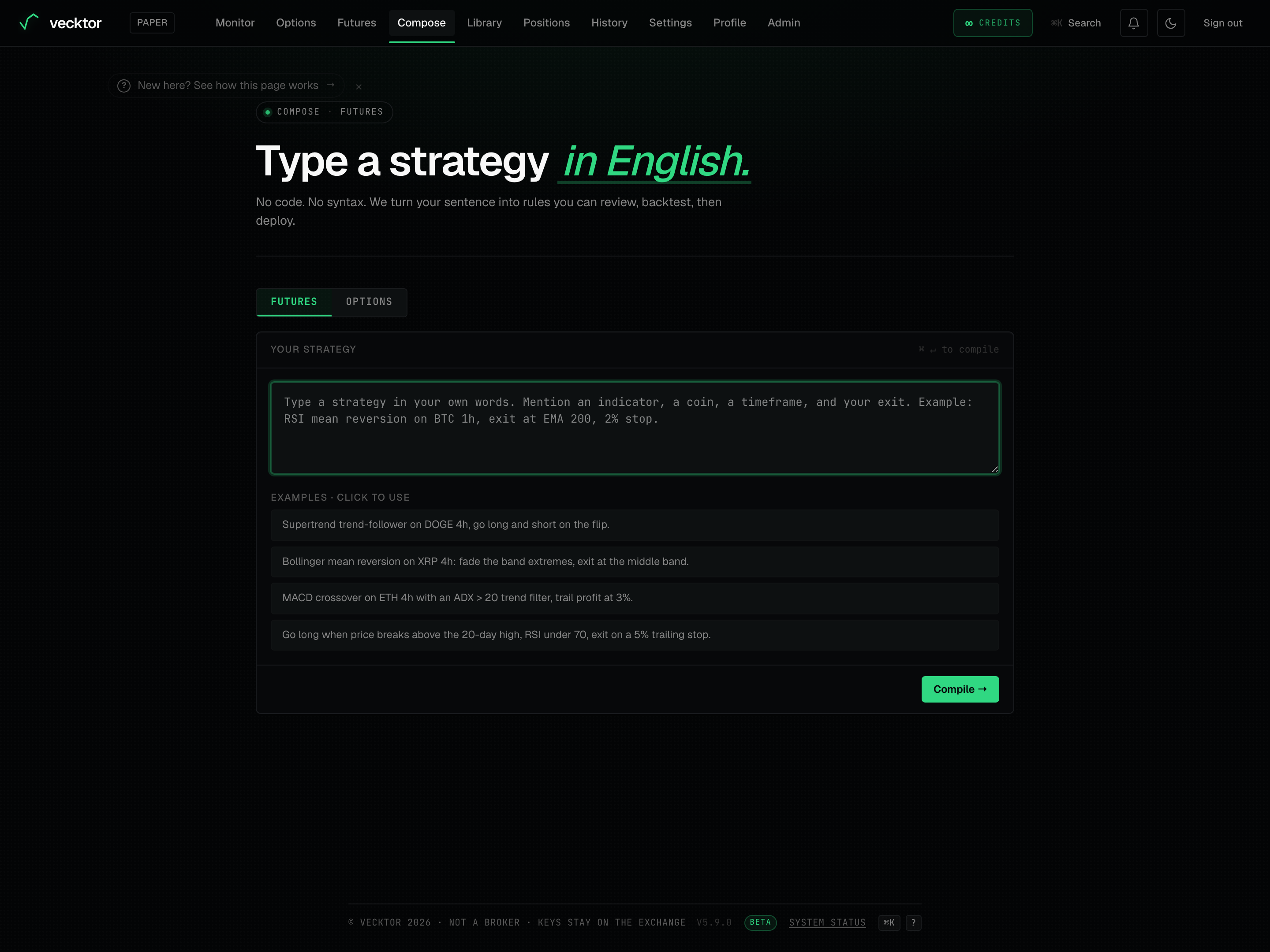 The Futures and Options toggle at the top of the compose page.