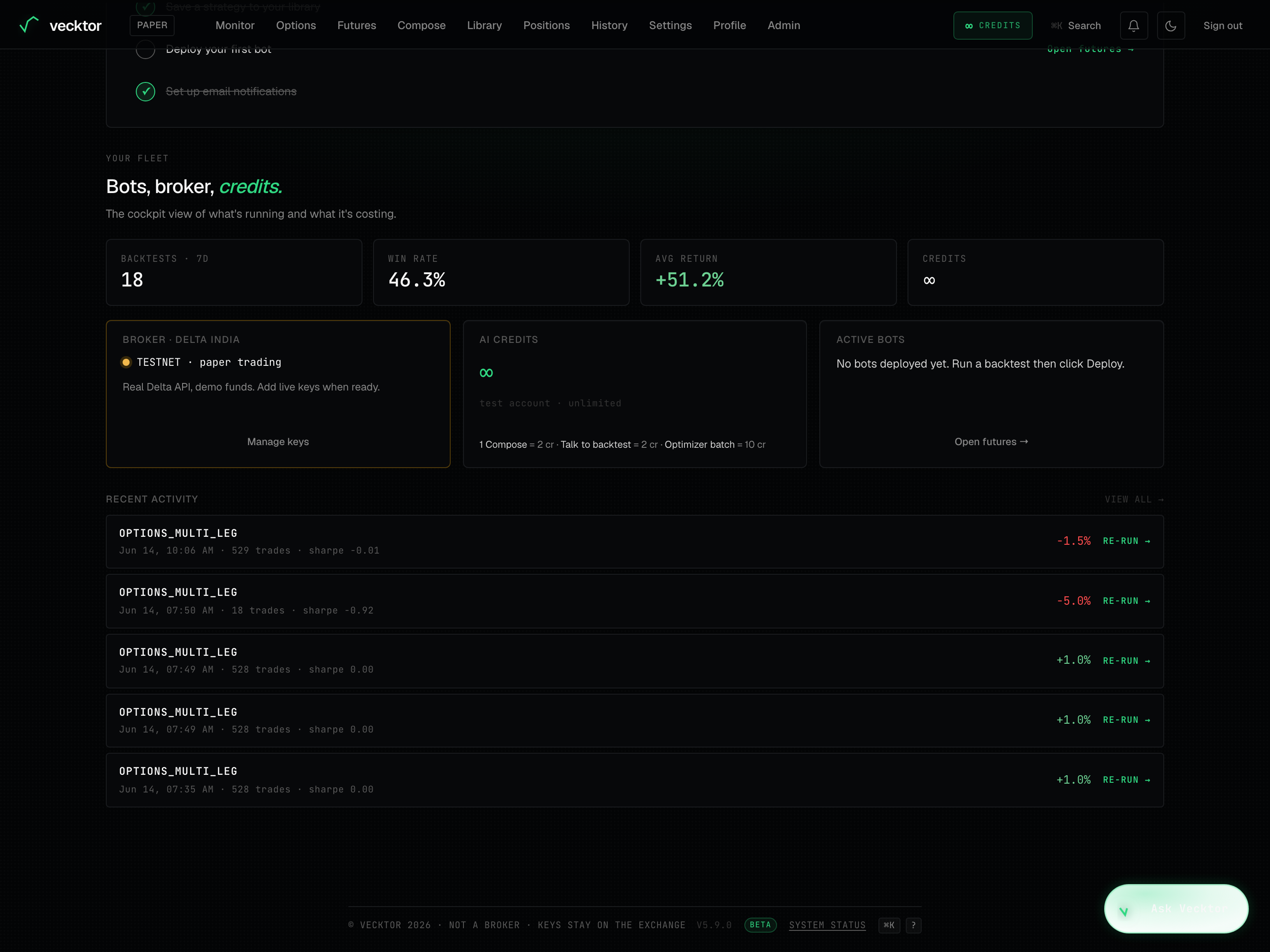 The Recent activity rail listing your last backtests with a View all link.