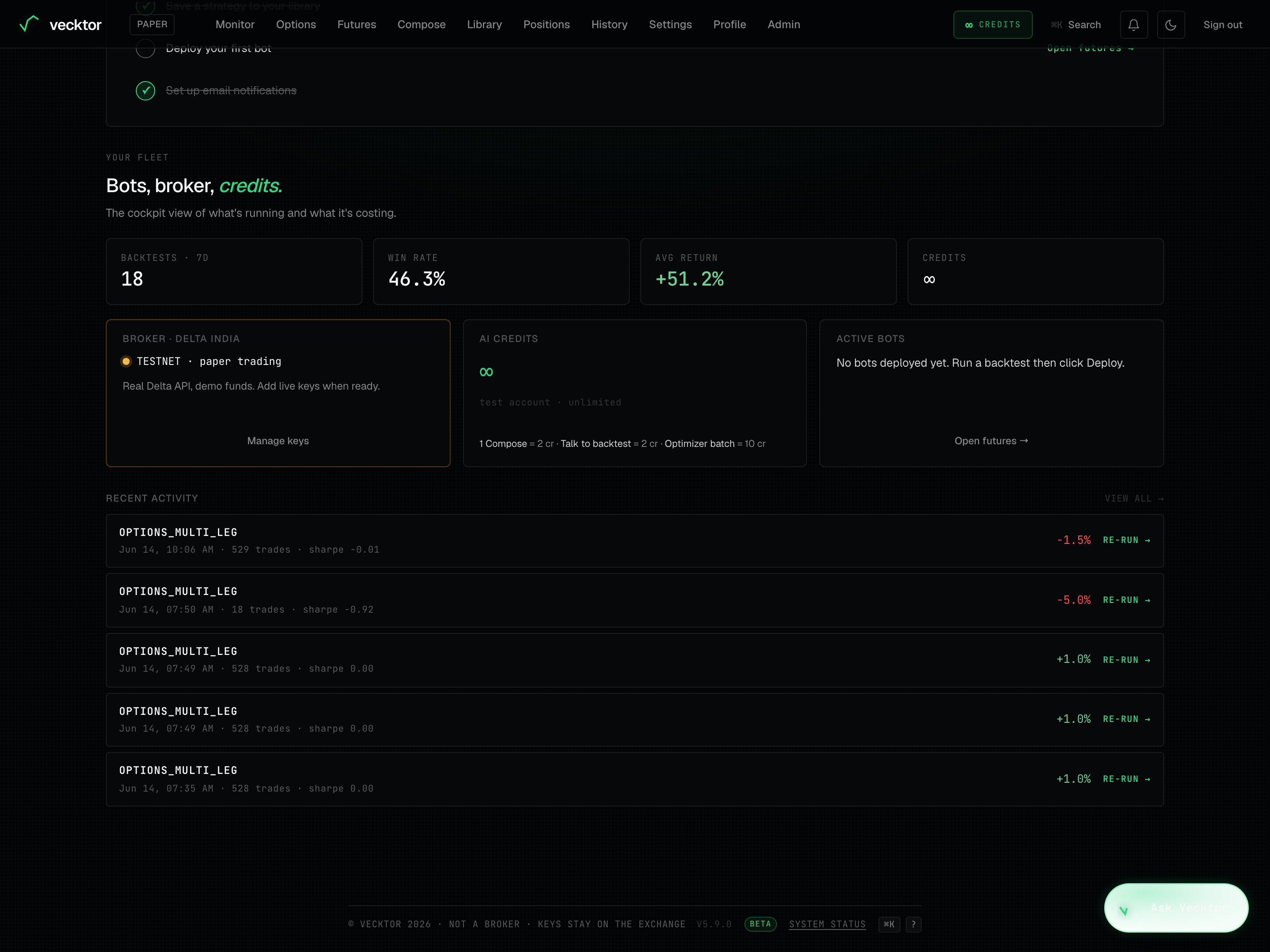 The Your fleet cards: broker mode, AI credits balance and active bots.