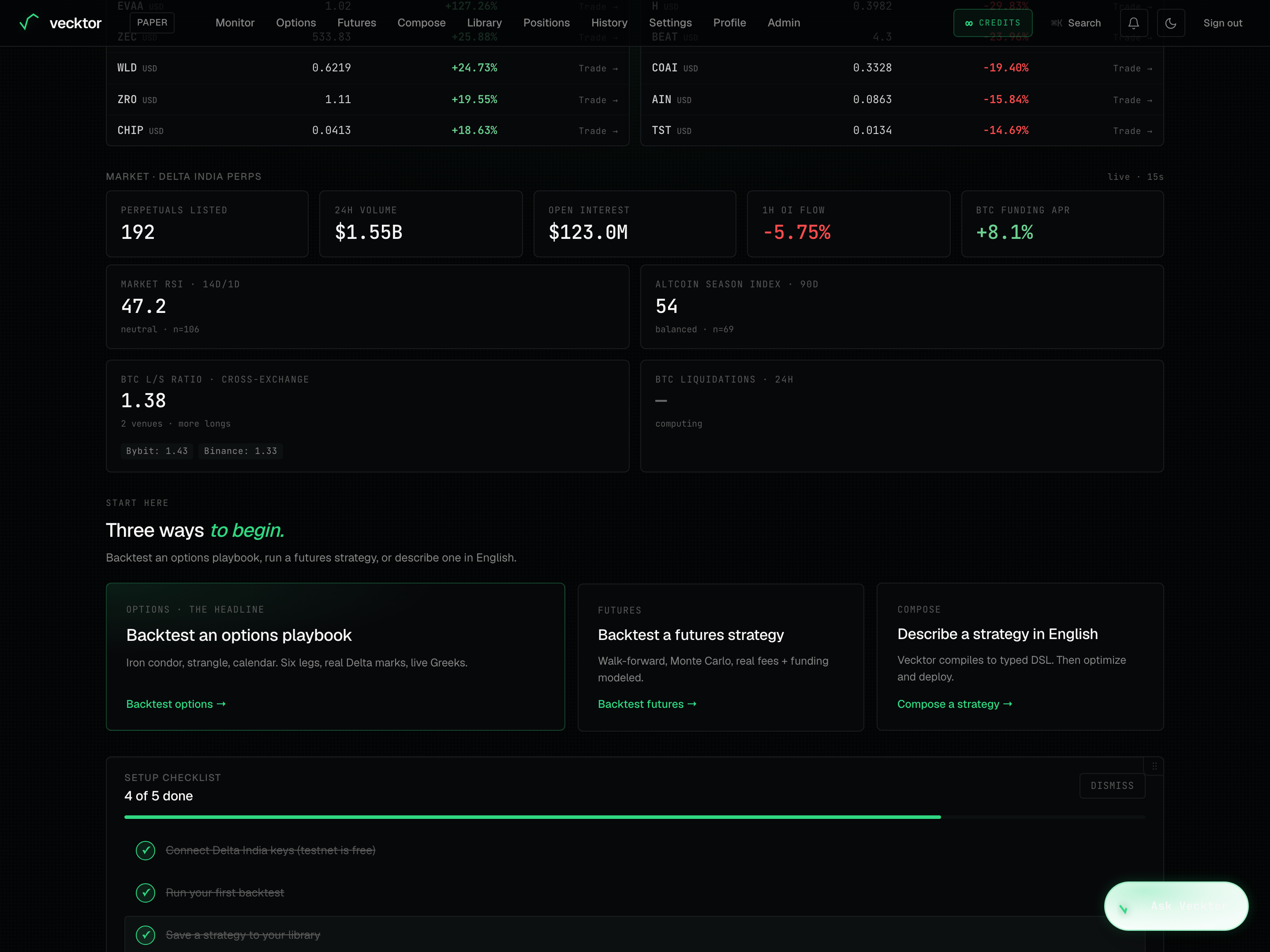 The Market Delta India perps strip showing open interest, 1h OI flow and BTC funding APR tiles.