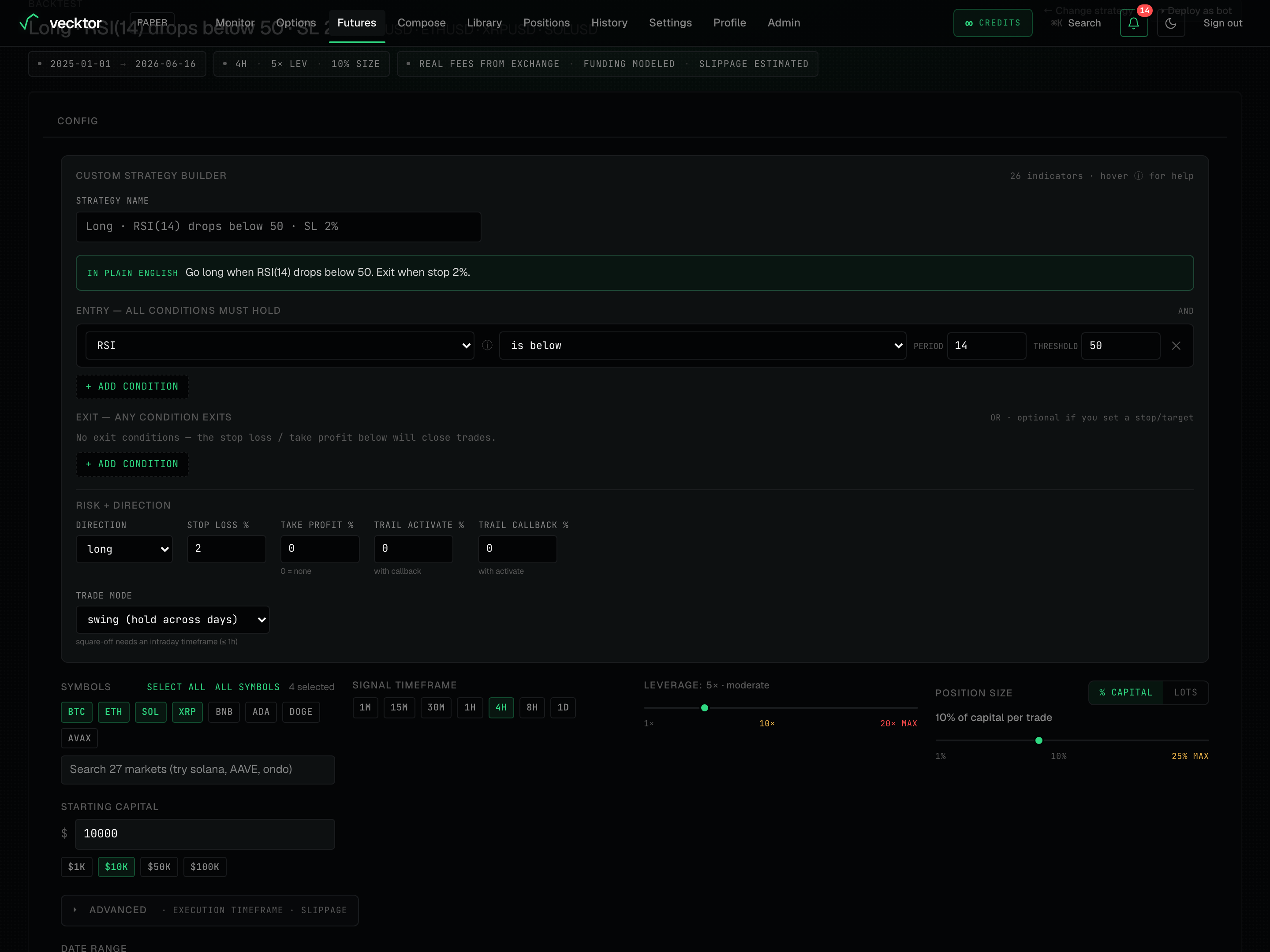 The Custom strategy builder with an entry condition row and the indicator picker showing the catalog.