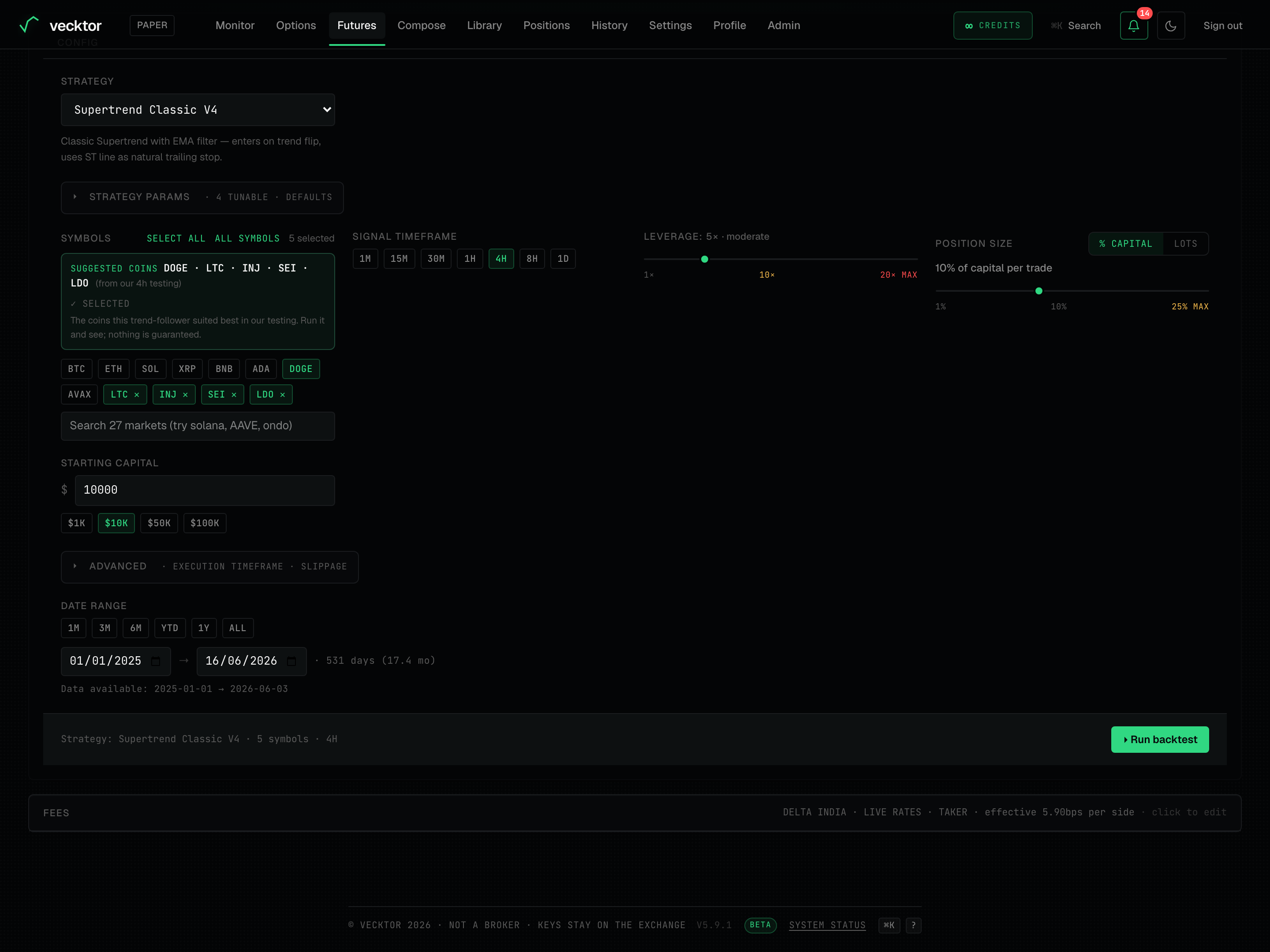 The Leverage slider, Position size and Starting capital controls on the Tune step.