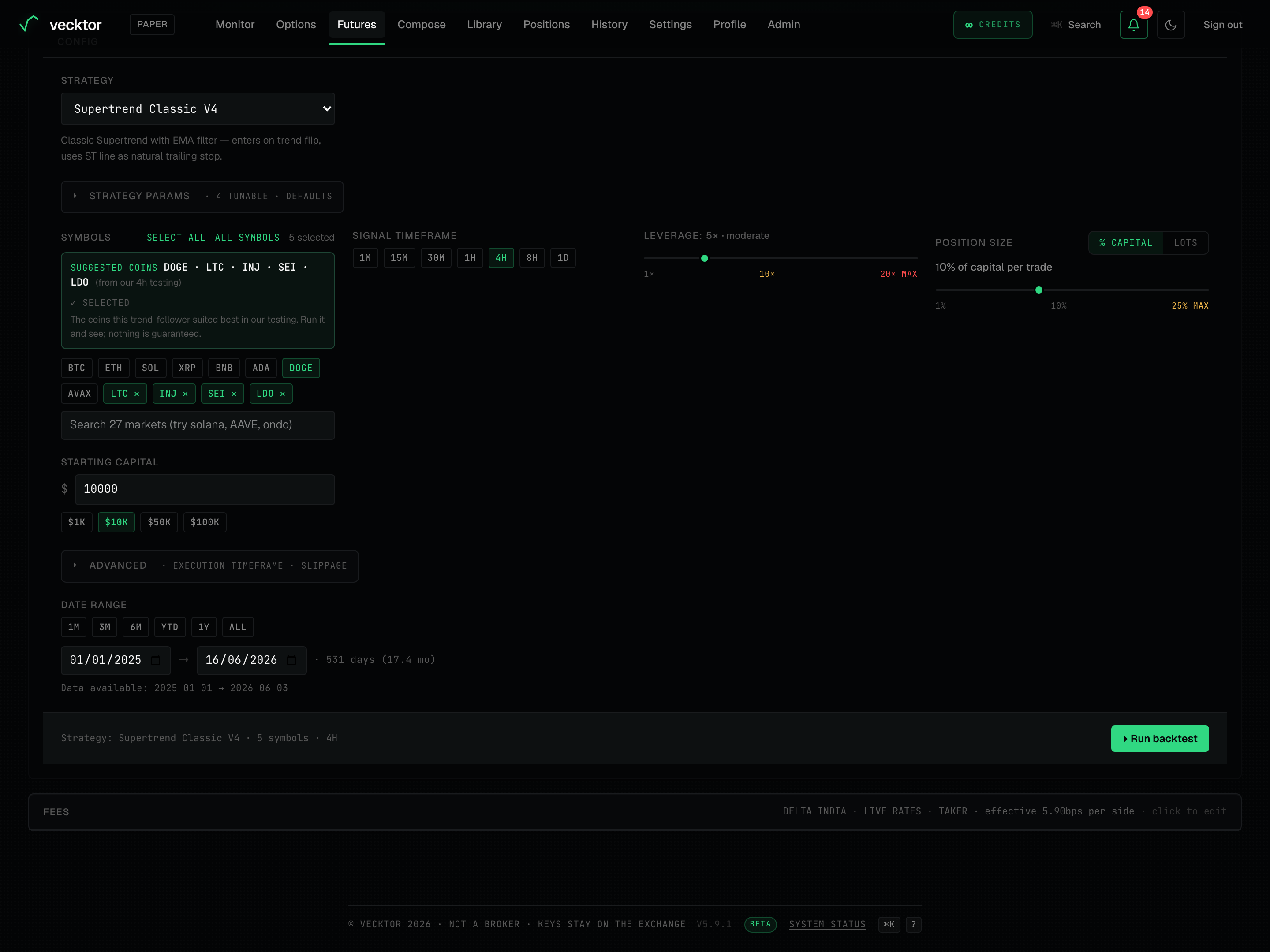 The Run backtest button at the bottom of the futures config.
