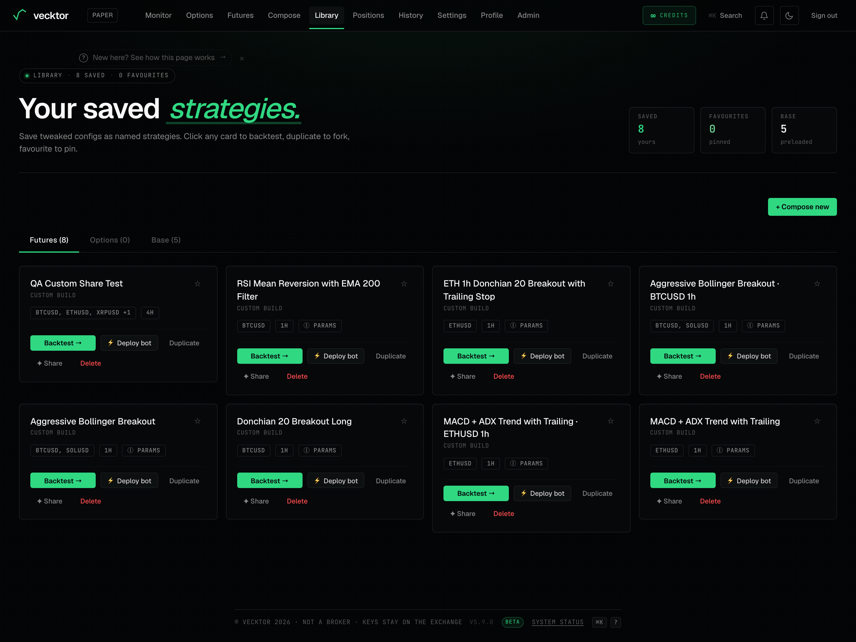 The Futures, Options and Base tabs plus the Compose new button on the strategies page.
