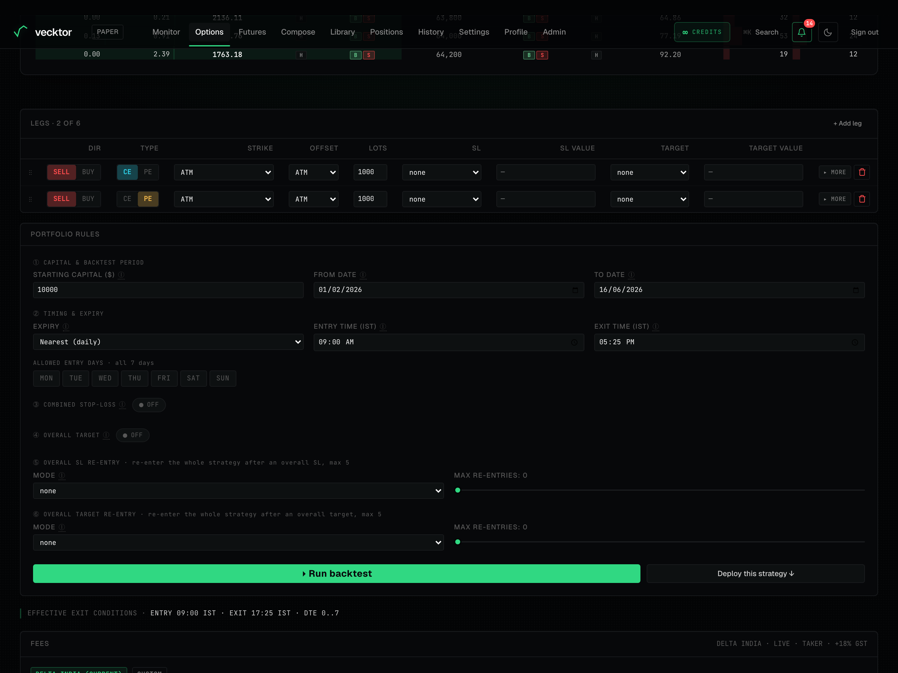 The per-leg SL and TARGET columns in the options builder.