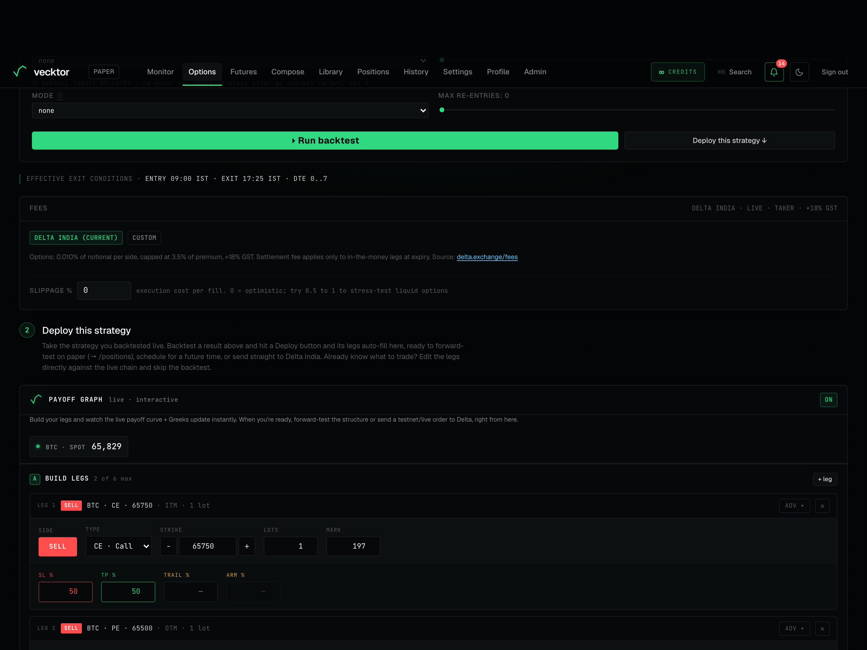 The fees and slippage controls on the options page.