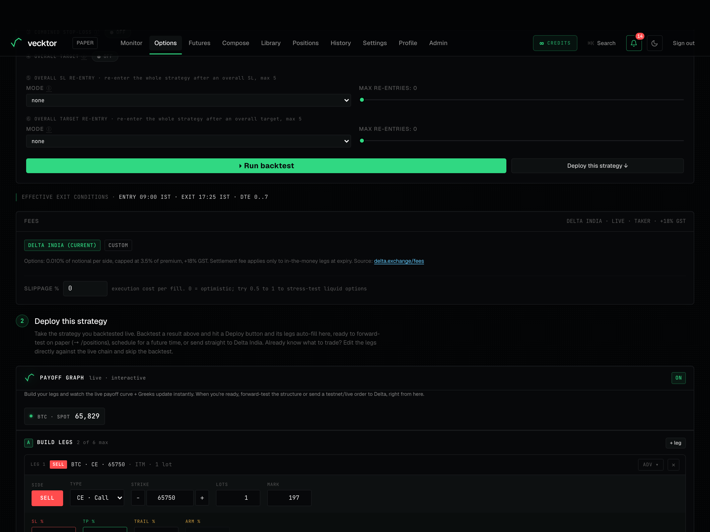 The Run backtest button on the options page.