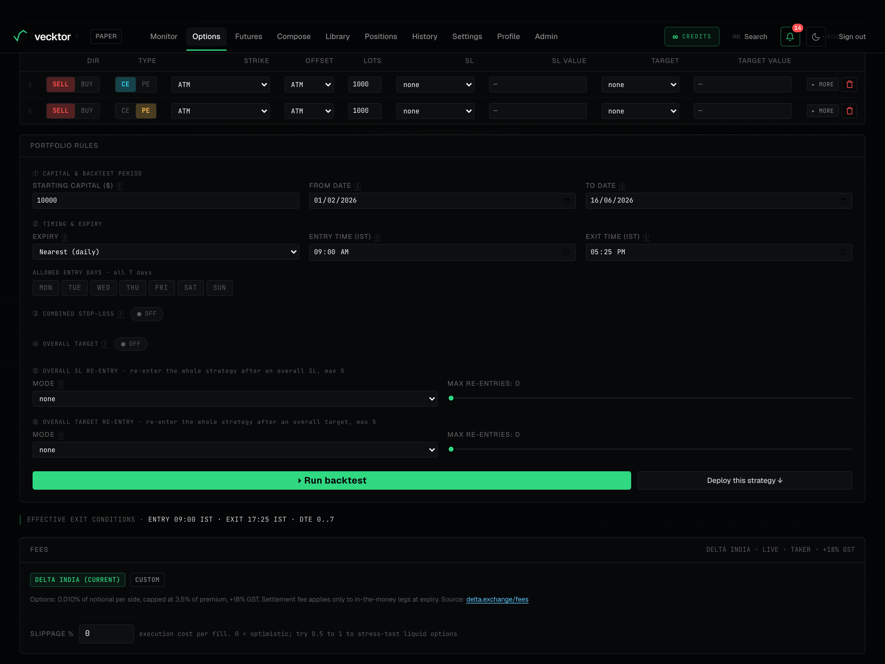 The Portfolio rules with starting capital and the backtest date range.