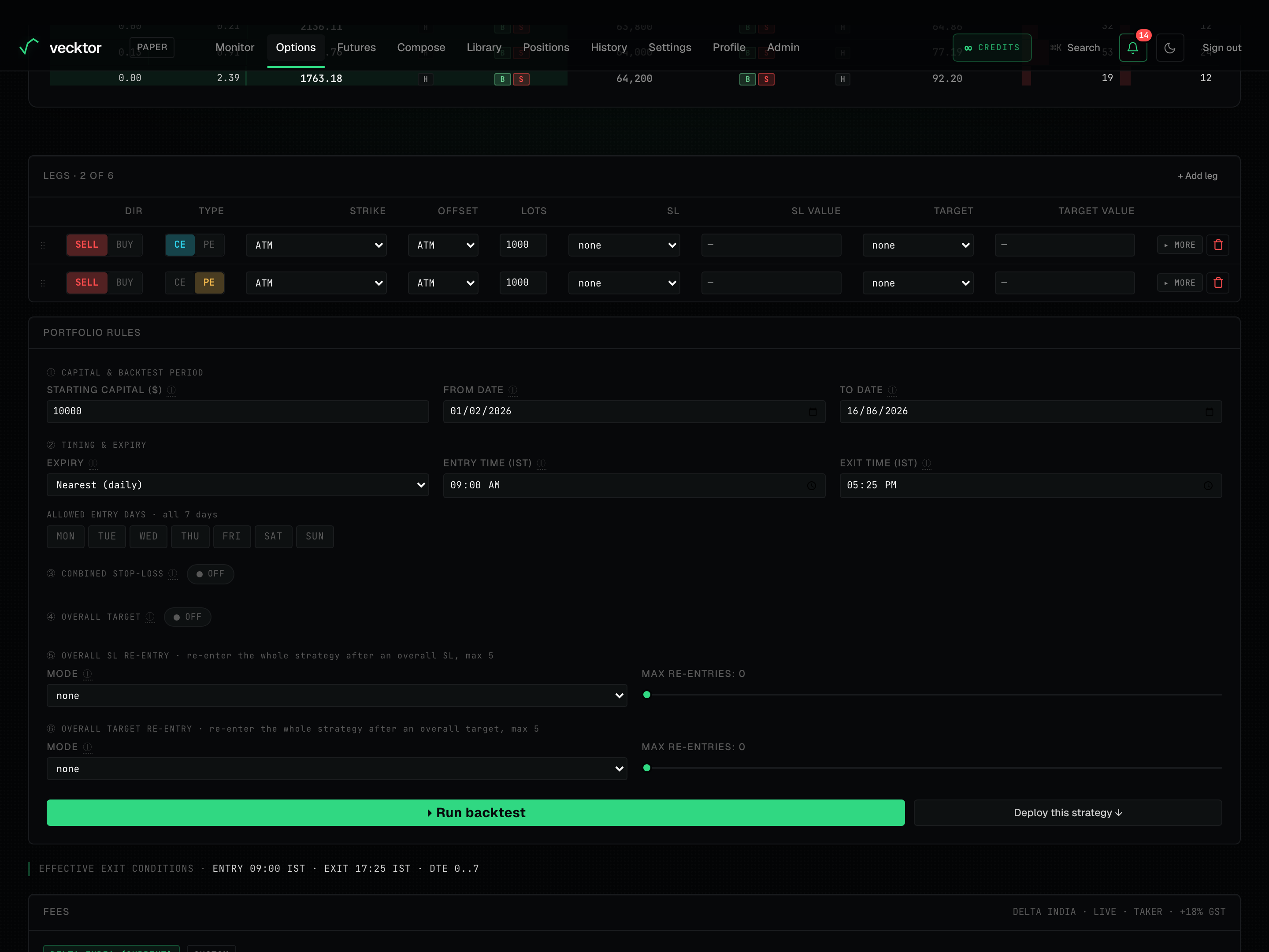The Strike method and OFFSET columns on a leg in the options builder.