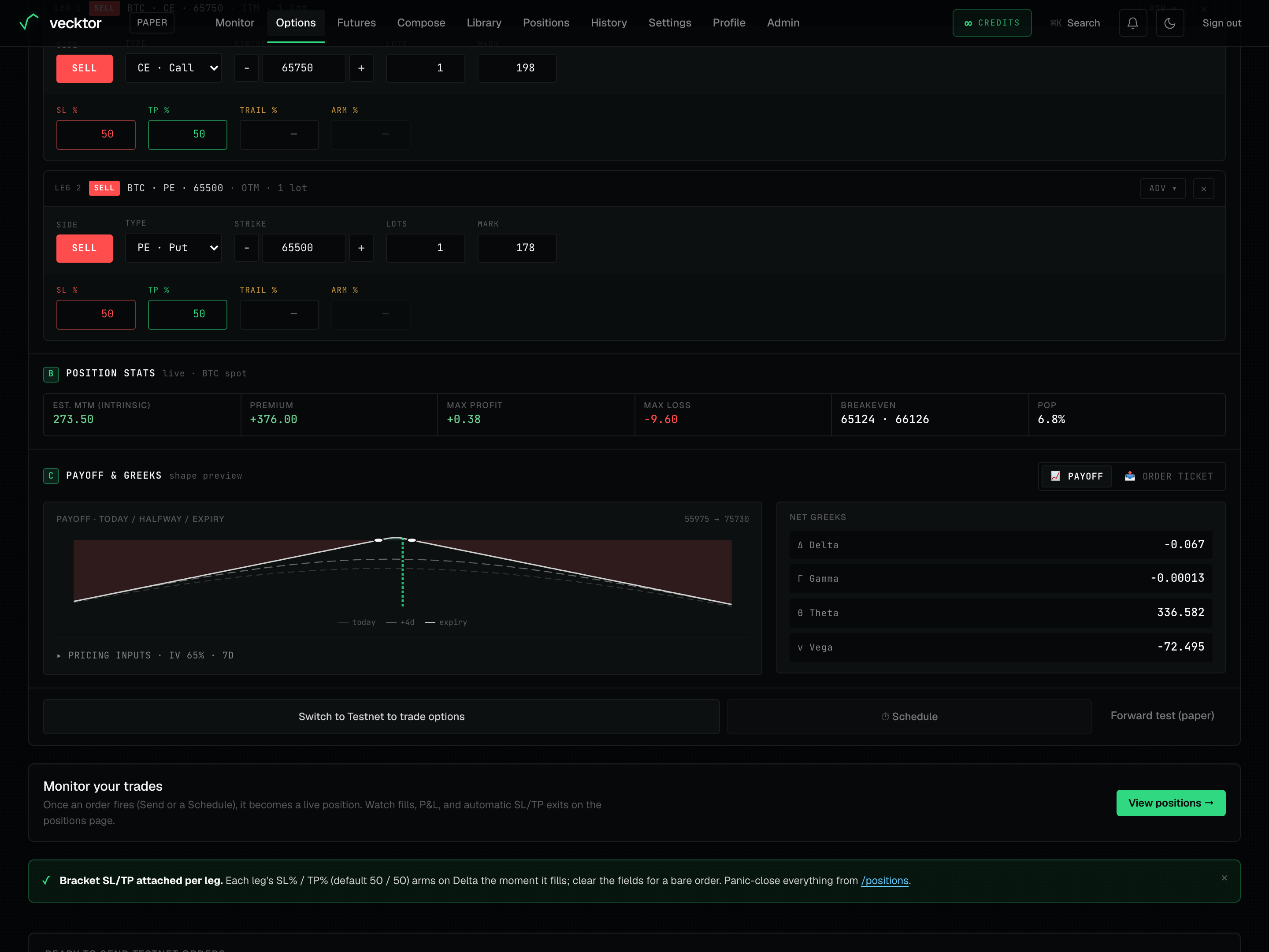 The pricing inputs disclosure on the Payoff tab with the IV and DTE sliders.