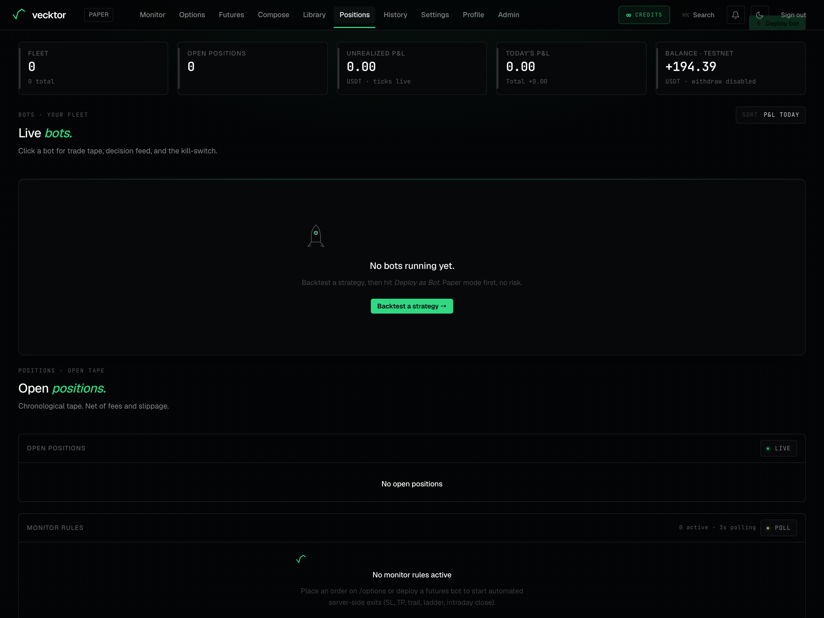 The live bots fleet section header on the positions page.
