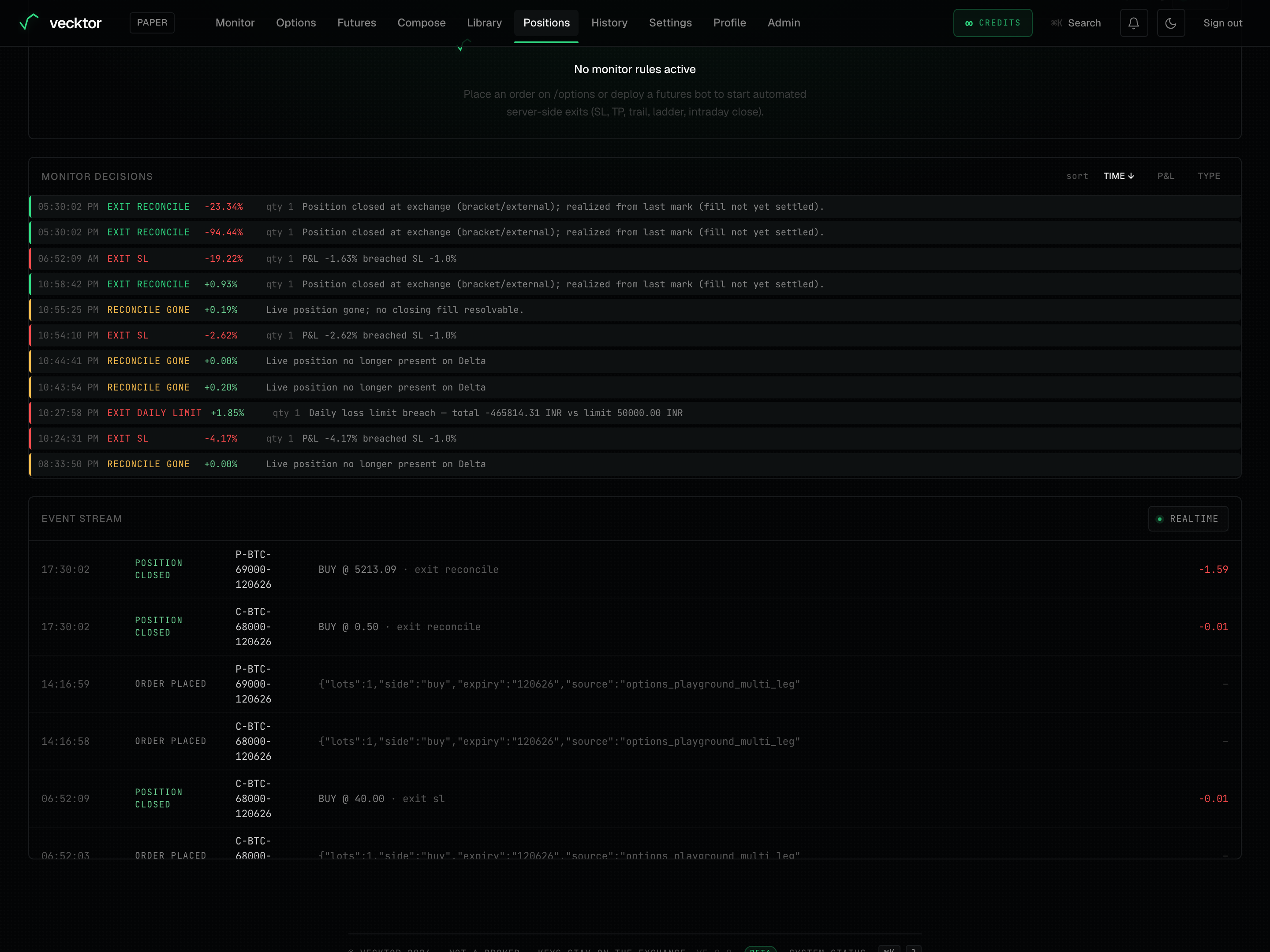 The Monitor decisions audit log with its sort-by-time, P&L, and type controls.