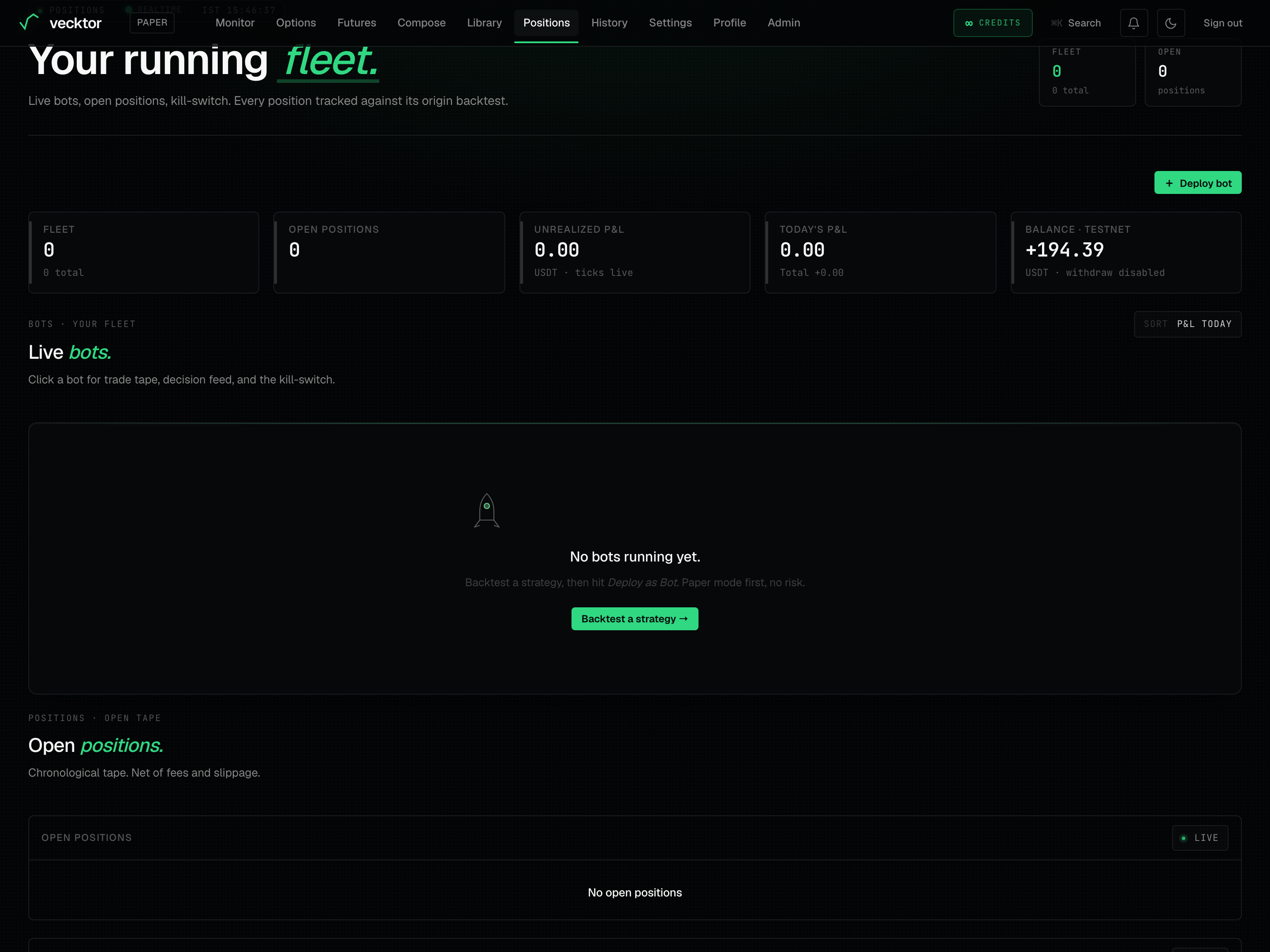 The Deploy bot button near the top of the positions page.