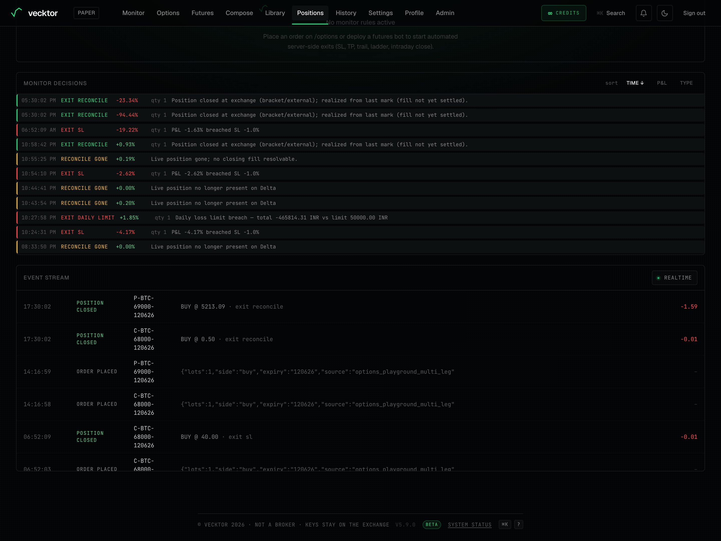 The Event stream section with the REALTIME or POLLED indicator.