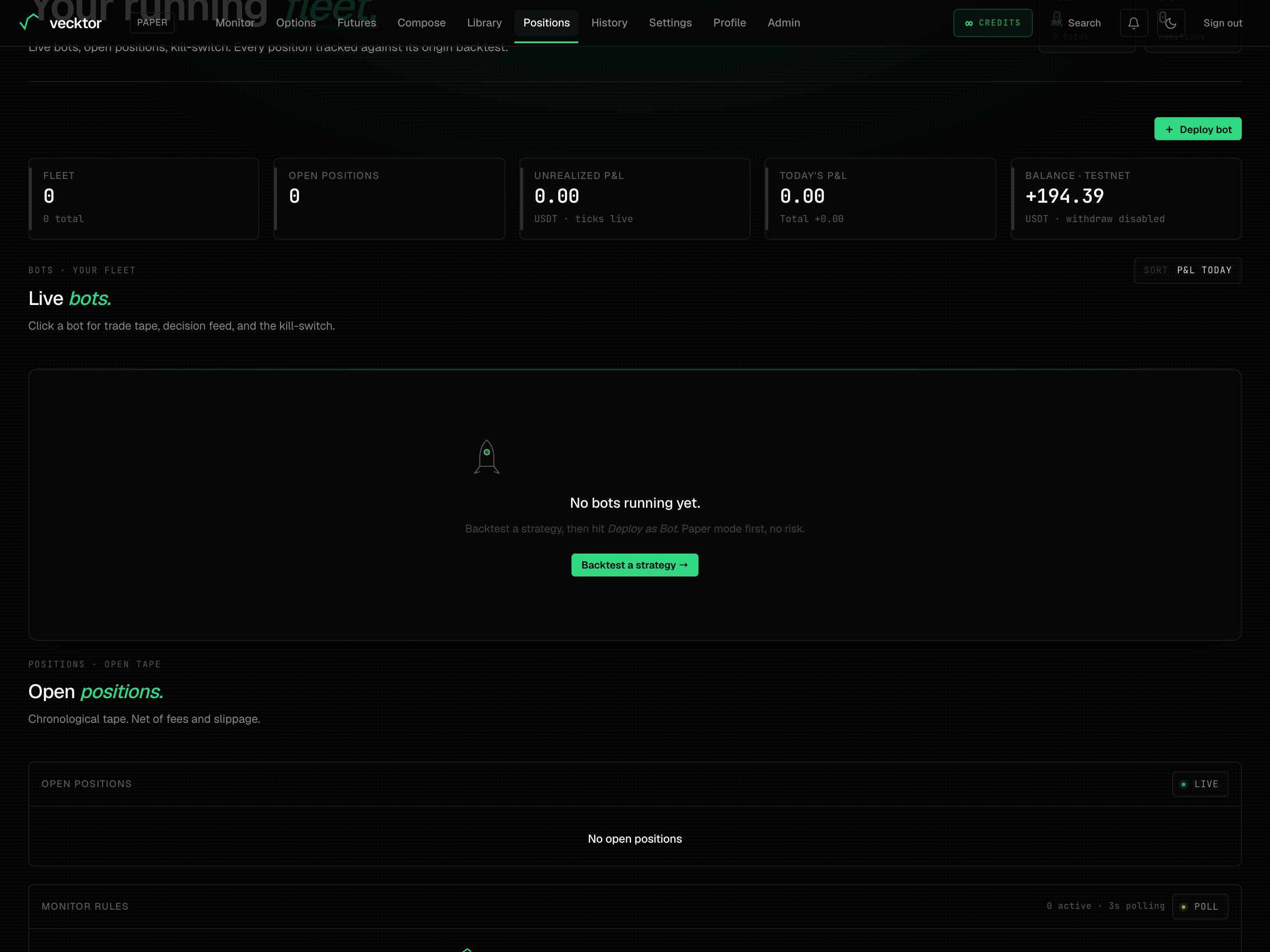 The Open positions section, the live tape of everything open on your account.