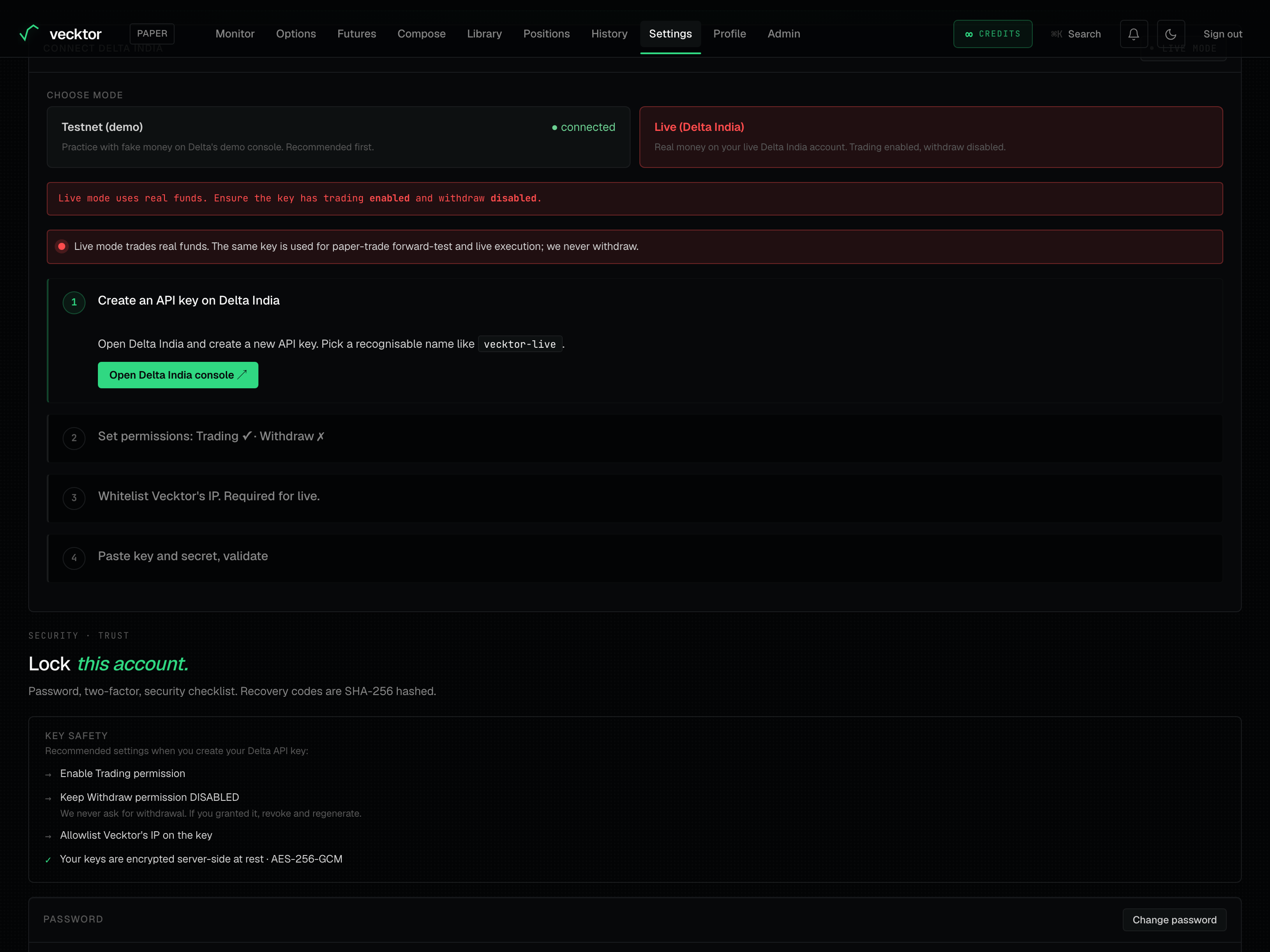 The red live-funds banner and the Risk Disclosure link shown when the mode is switched to Live.