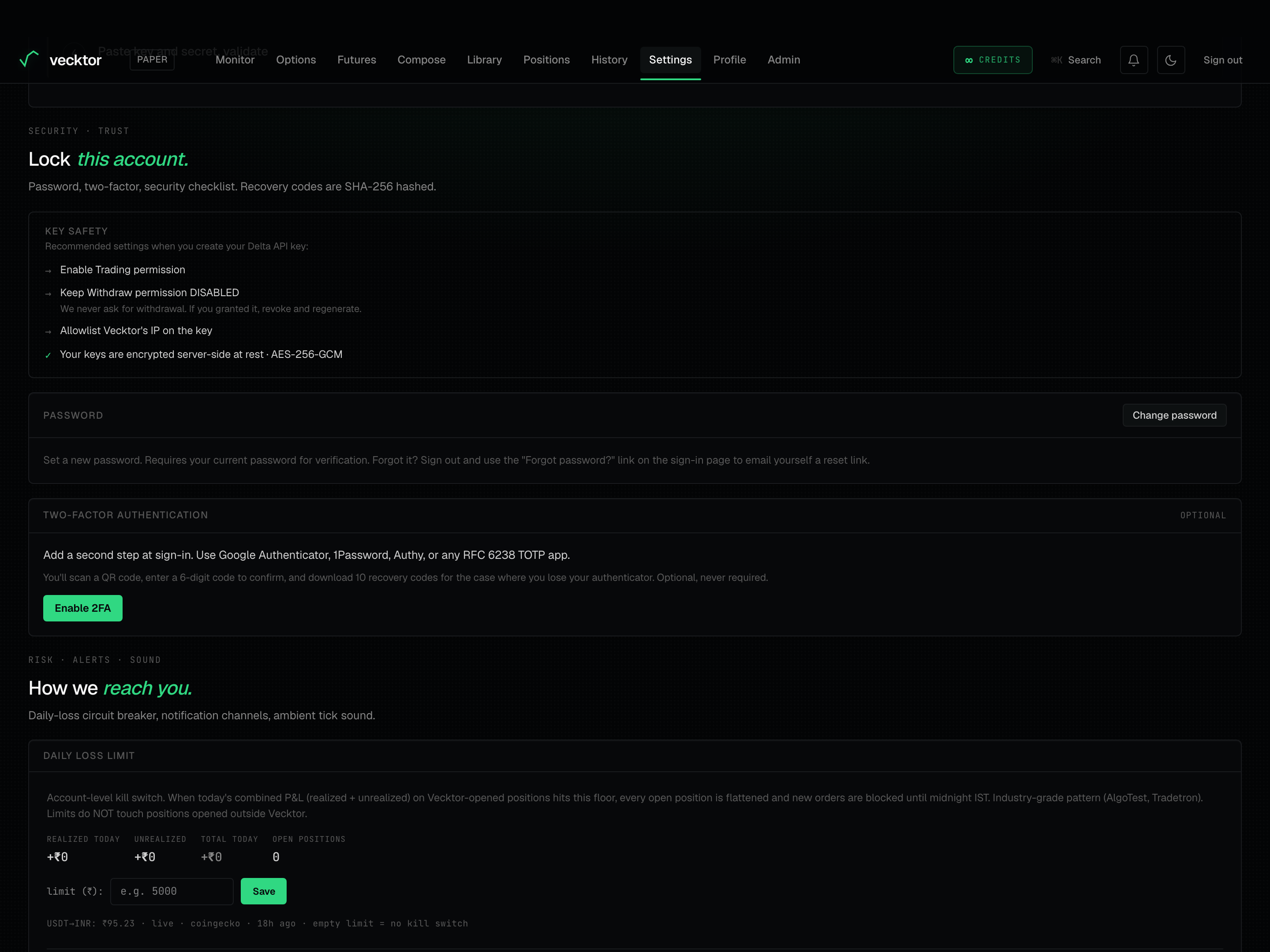 The Key safety checklist with the recommended Withdraw-disabled row and the encrypted-at-rest fact.