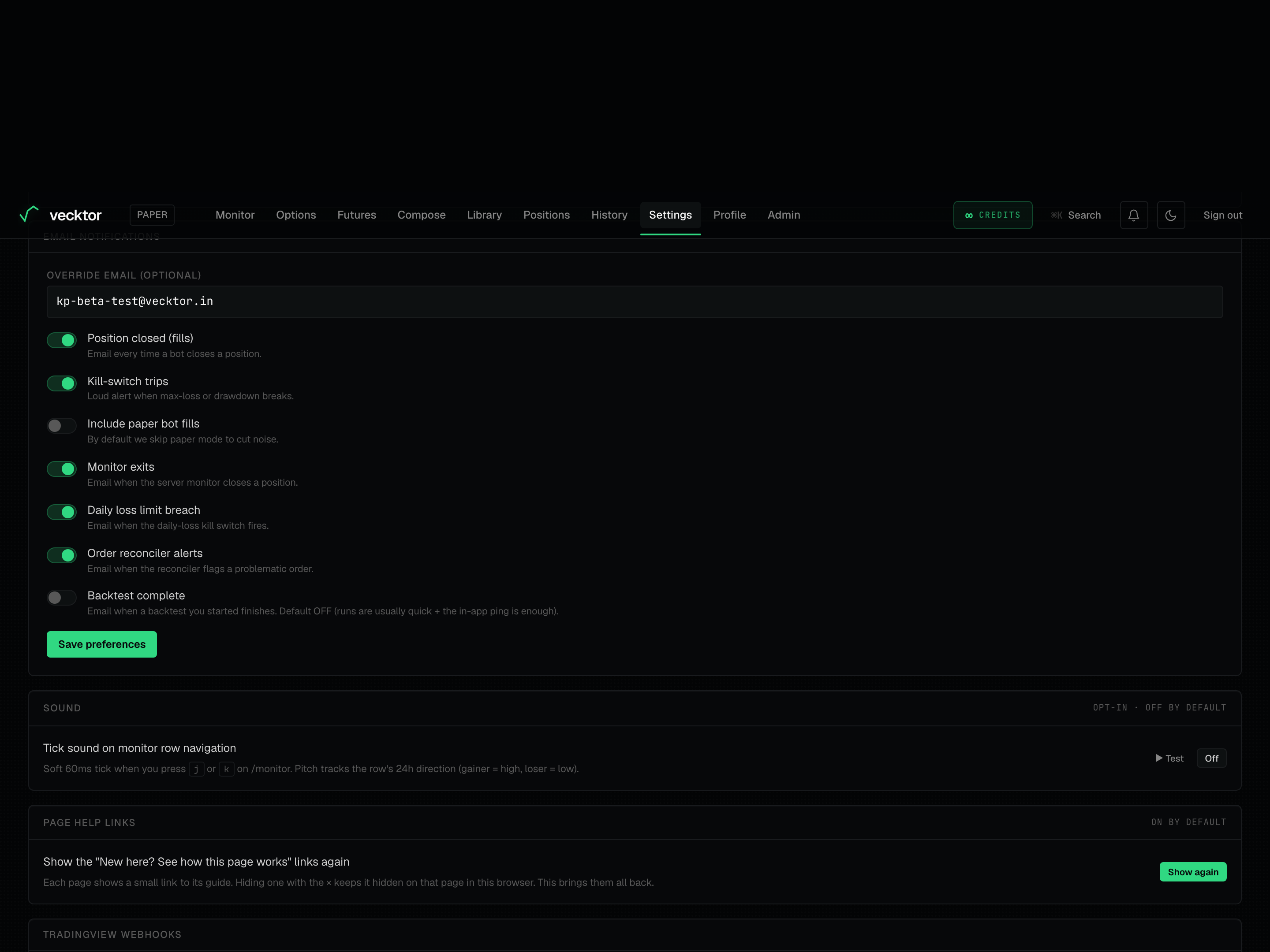 The TradingView webhooks card with the Create webhook button.